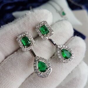 Swarovski Elements White Gold Emerald Green Convertible Studs Drop Earrings NEW